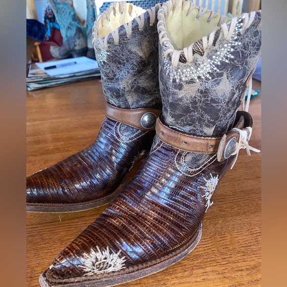 WOMENS BROWN LEATHER & GENUINE LIZARD SKIN CORRAL Upcycled COWBOY BOOTS SIZE 7 M - Picture 4 of 10